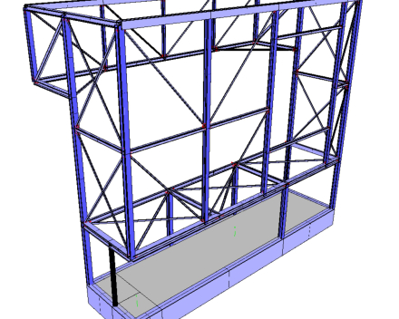 Het 3-D rekenmodel met de staalstructuur. Ook de funderingen maken deel uit van het rekenmodel.